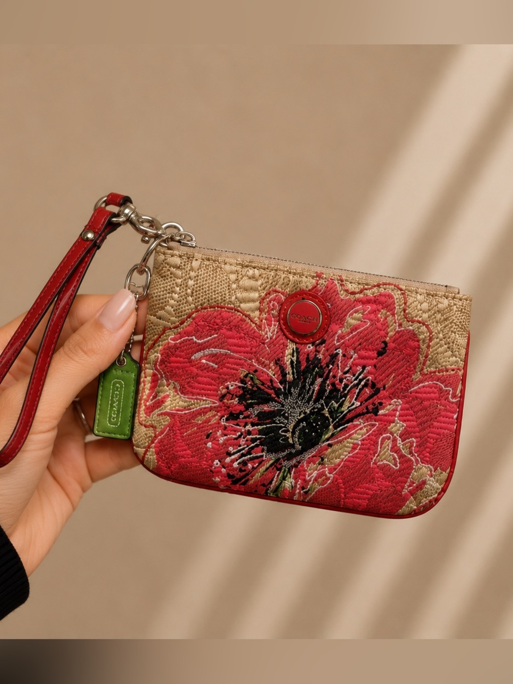 Coach Poppy Tan/Coral Wristlet